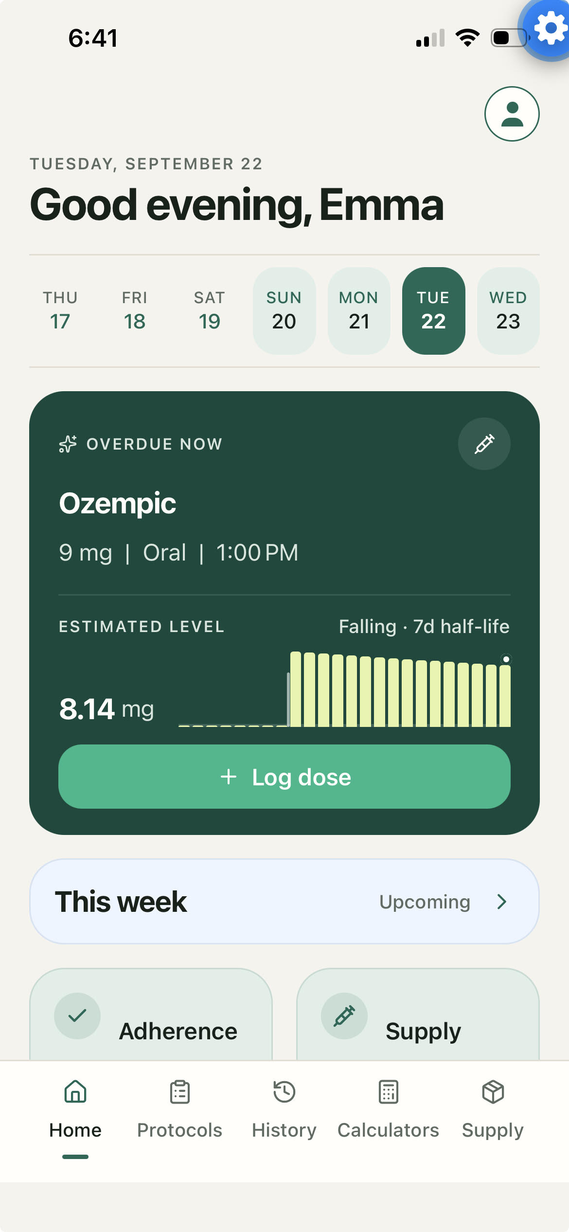 Protocolit home screen showing today's schedule, estimated level, and this week's summary.