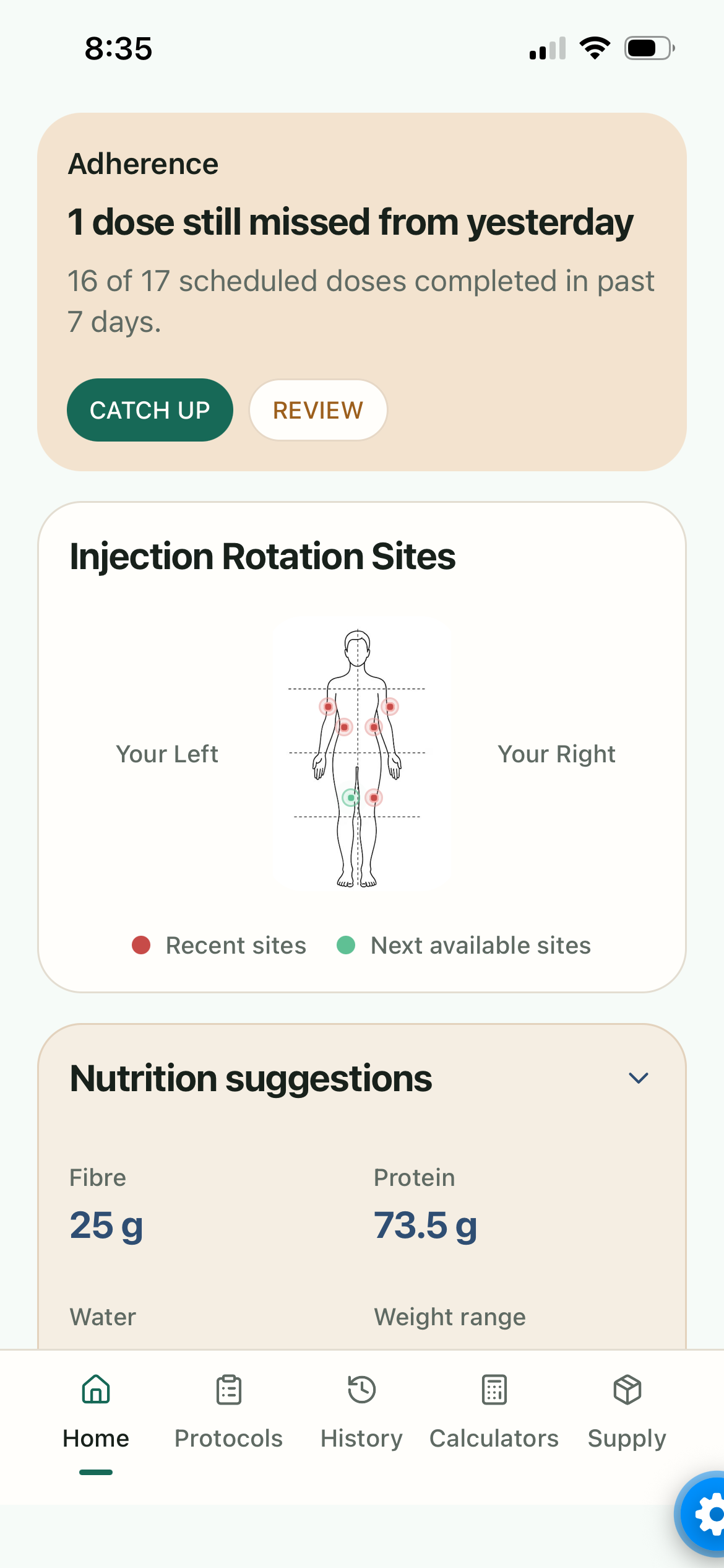 Protocolit home screen showing injection rotation sites with recent and next available site markers.