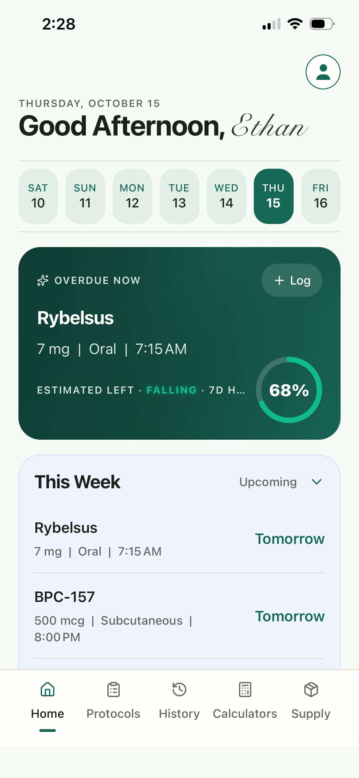 Protocolit home screen showing current schedule, estimated level, and weekly summary.