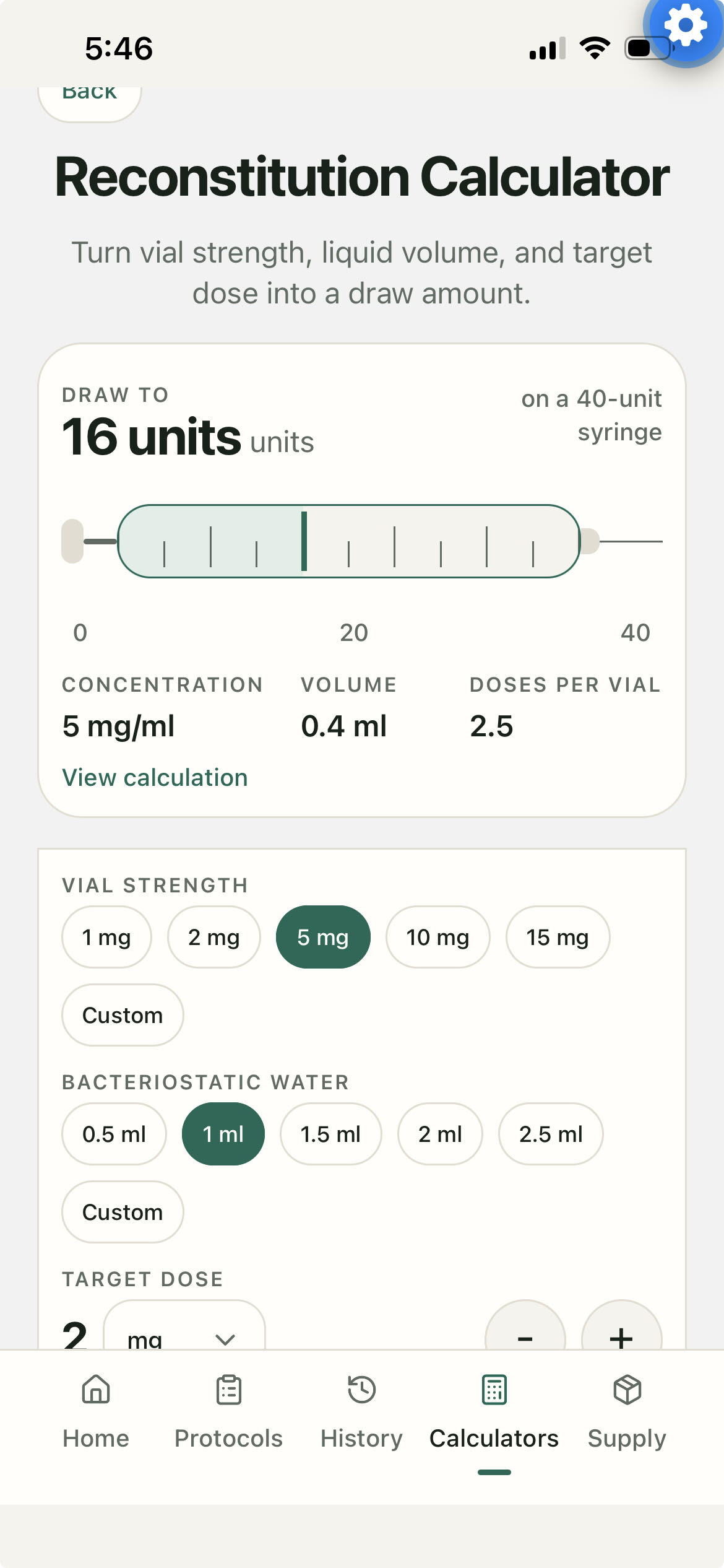 Protocolit reconstitution calculator screen showing draw amount, concentration, and dose controls.